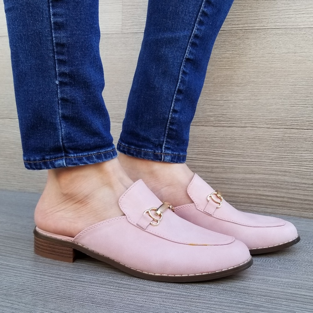 Pink Slip on flat mule loafer W gold buckle